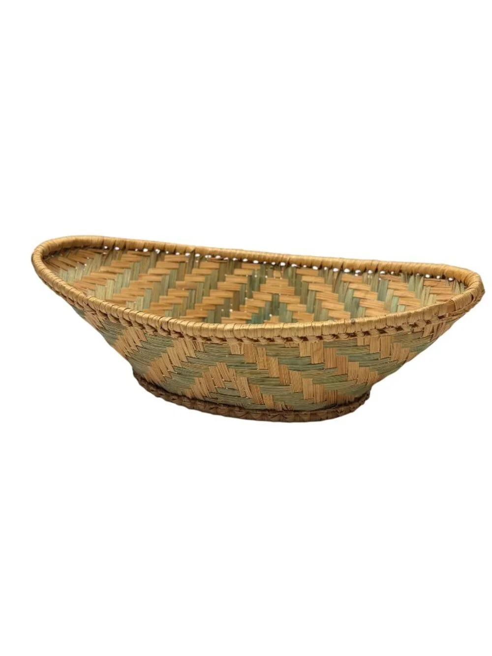 Vintage Handwoven Oval Bread Basket Geometric Green Natural Split Reed Boat Tray